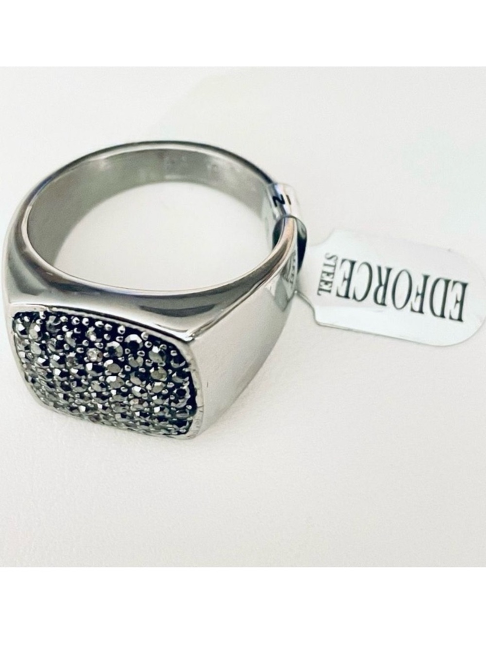 NWT Gorgeous Silver Men Ring Sz 12 EDFORCE Stainless Steel with Silver Cristals